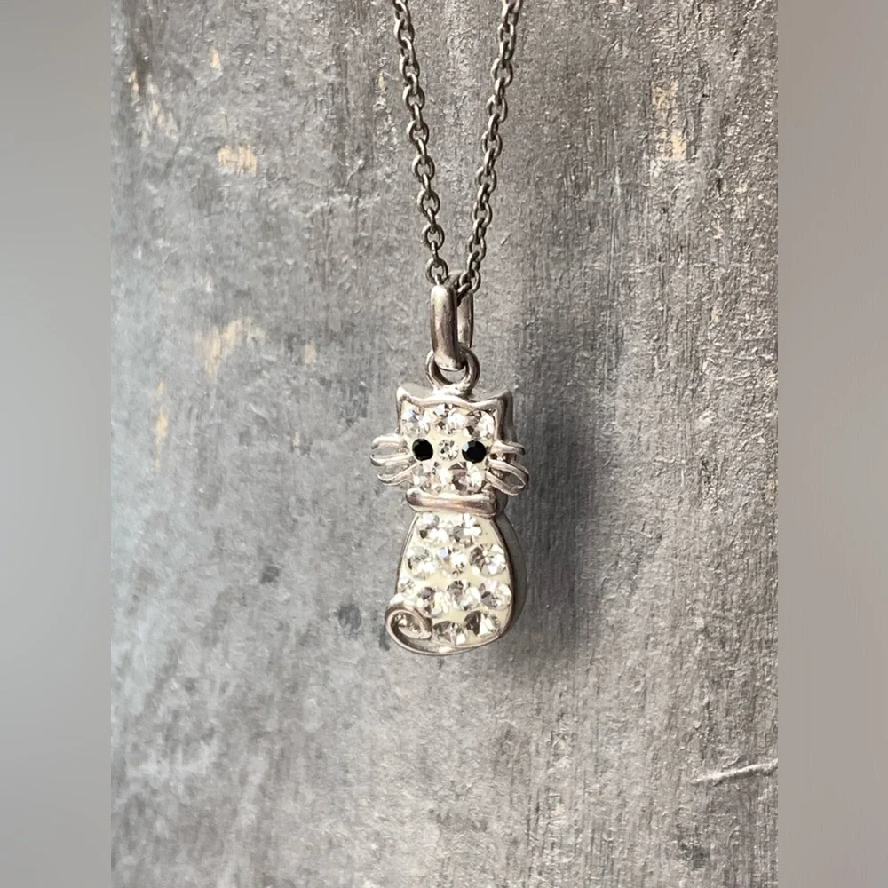 Mini Enamel & Crystal Silver Plated Kitty Cat Whiskers Necklace Kitten Woman’s - Picture 3 of 8